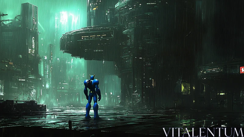 Blue mech surveys neon-soaked cyberpunk megacity in rain.