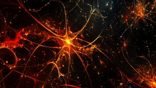 Fiery neural currents streak across a cosmic black void.