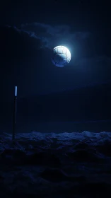 Volleyball suspended over moonlit net on dark sand court.