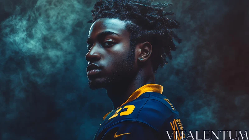 Moody athlete portrait with cinematic blue smoke backdrop.