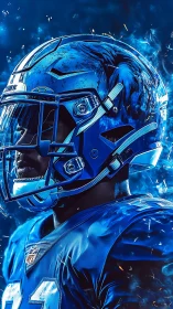 Digital portrait of football player in blue helmet gear.