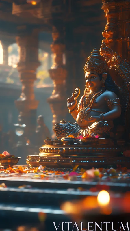 Golden temple deity statue glows through drifting incense light