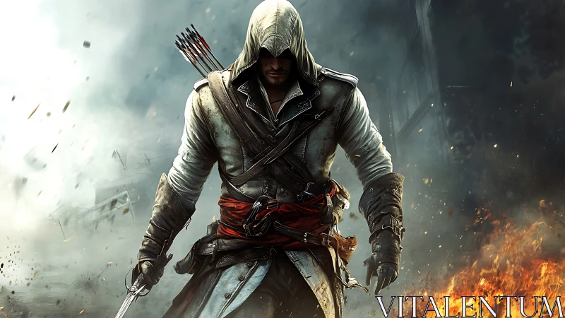 Hooded rogue warrior strides through burning battlefield.