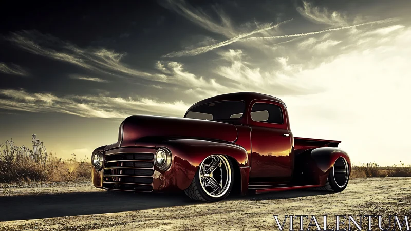 Custom gloss red vintage pickup dominates sunlit dirt road.