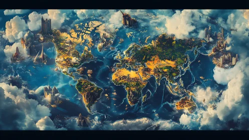 Dreamlike world map wrapped in futuristic floating cities.
