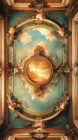 Rococo ceiling panel with gilded stucco cartouche and sky mural