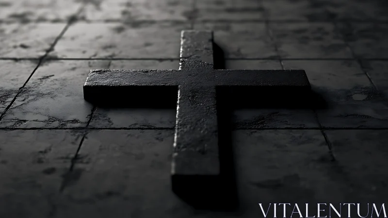 Photorealistic matte black cross on weathered stone floor.