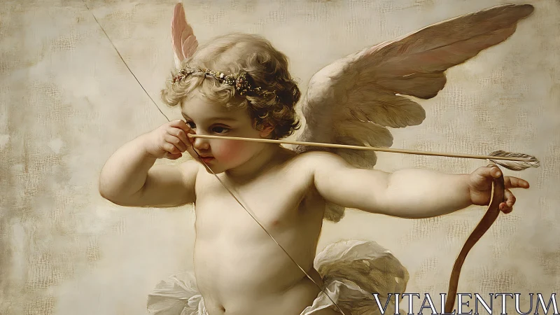 Classical cupid angel aiming bow and arrow in soft light.