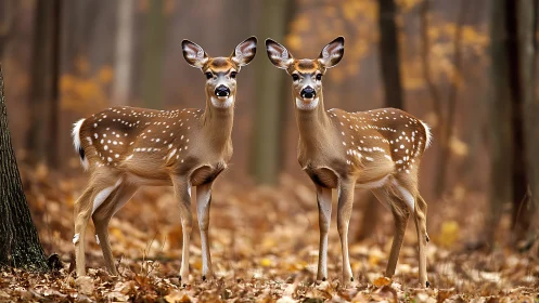 Two young white tailed deer standing in quiet autumn woods.