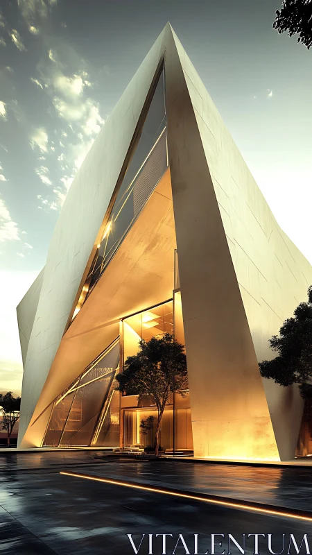 Modern Triangular Tower with Golden Interior at Dusk.