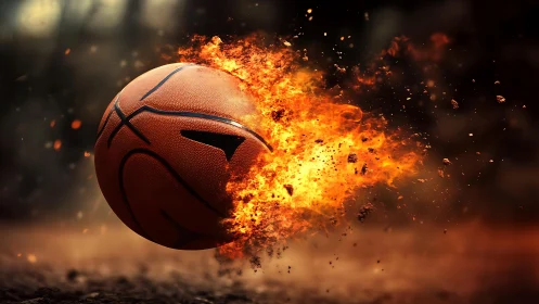 Exploding flaming basketball rendered in dynamic digital realism