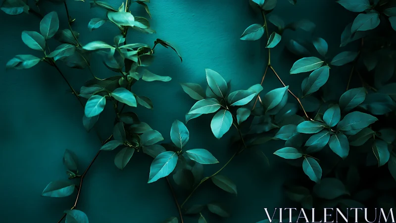 Climbing leafy stems against uniform teal background wall.