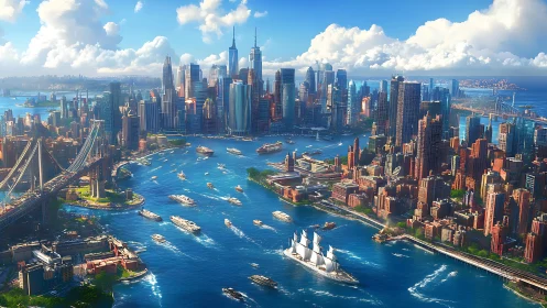 Rendering shows dense waterfront cityscape with active harbor