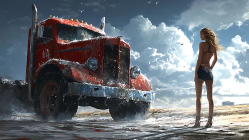 Stargazing traveler meets a glowing cosmic pyramid horizon.