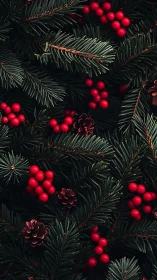 Evergreen fir branches with red berries and pinecones flatlay