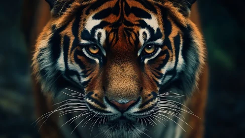 Close frontal view of tiger face with detailed markings.