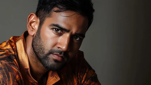 Warm, thoughtful portrait of man in patterned orange shirt.