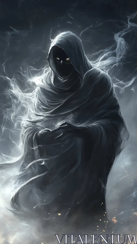 Hooded wraith emerges from swirling spectral mist.