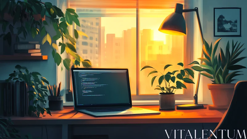 Sunlit code workspace with biophilic desktop arrangement.