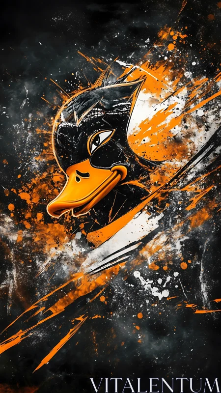 Stylized duck head with orange and black paint splashes.