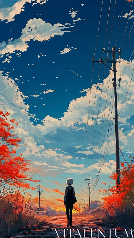 Lone dreamer walks a scarlet road beneath painted skies.