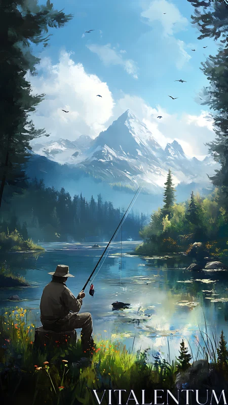 Solitary angler casting dreams beneath silver mountain light.