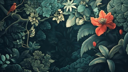 Verdant jungle foliage with single red flower focal point.