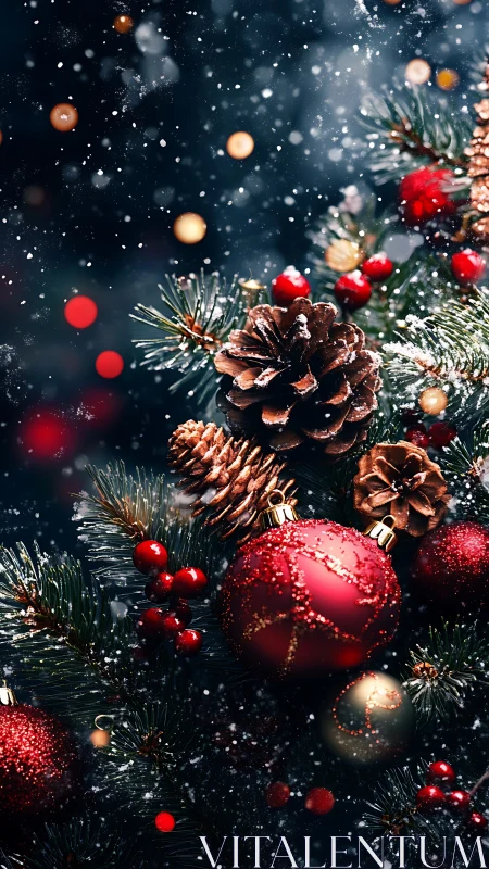 Macro closeup of frosted pine boughs with red glass baubles