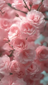 Pink Rose Blooms with Layered Petals and Green Foliage.