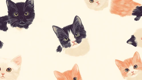 Digitally Illustrated Feline Portraits: Black, White, and Ginger Cats