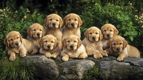 Golden retriever puppies resting on garden stone wall.