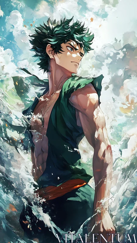 Storm-forged anime hero amid crashing ocean spray.