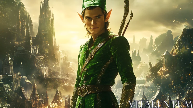 Elven archer in emerald armor before luminous fantasy citadel.