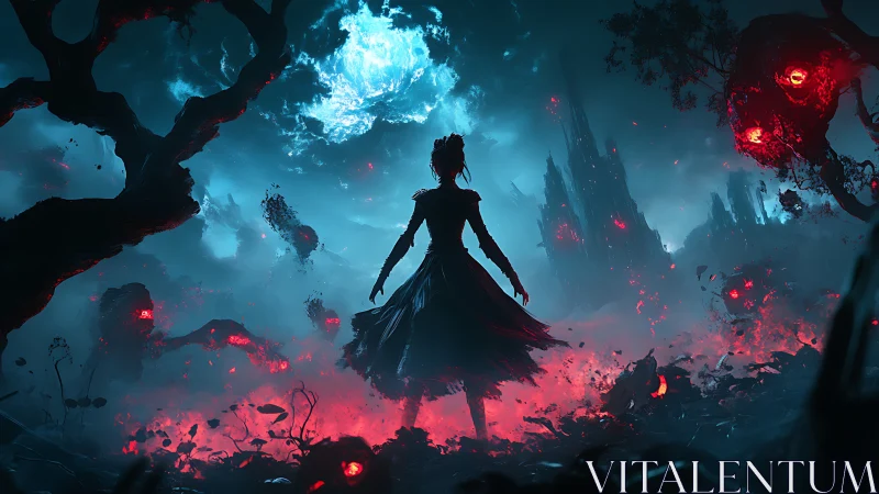 Silhouetted figure in red-lit wasteland under blue rift sky.