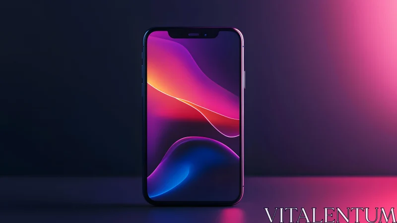 Modern smartphone with vibrant abstract wallpaper, neon lighting.