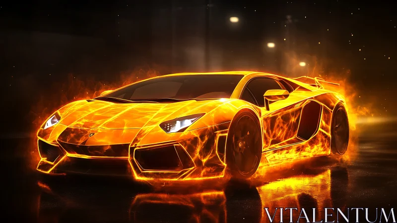 Flaming supercar blazes through a neon-lit midnight street