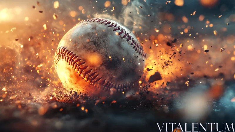 Baseball smashes through glowing embers in explosive motion