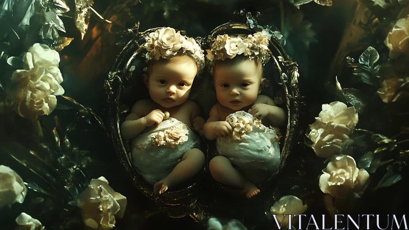 Enchanted twin babies rest in a floral forest cradle glow