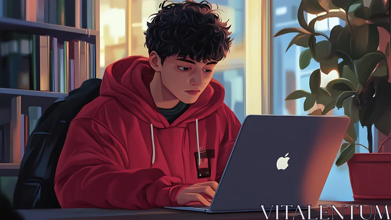 Focused student at laptop in warm evening study environment.