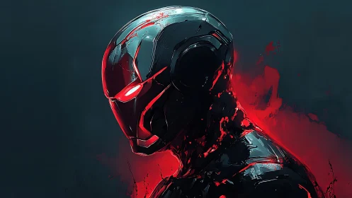 Cybernetic warrior glows in molten red against dark void.