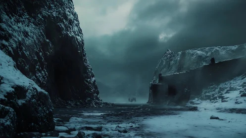 Snow-covered fortress wall borders a dark frozen mountain pass