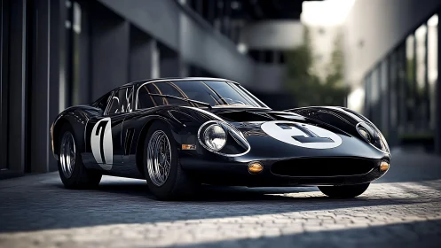 Photoreal black vintage race car rendered in urban daylight