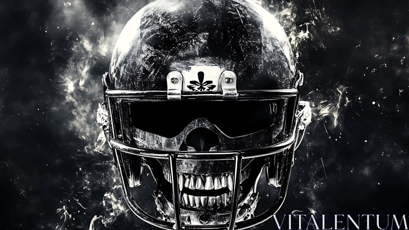 Skull-faced gridiron visor burns through cosmic battle smoke.