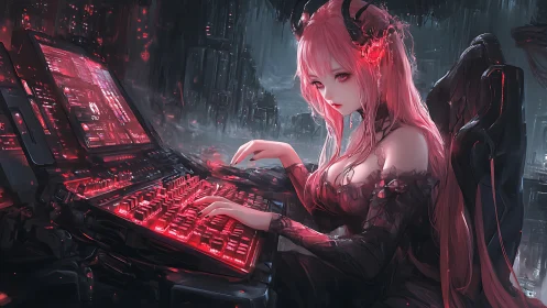 Demonic hacker girl at crimson cyber console in neon cityscape.