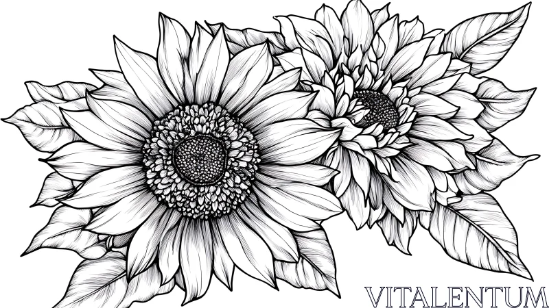 Detailed line drawing shows two overlapping sunflower blooms