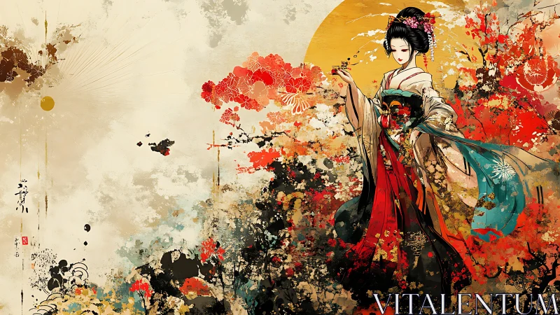 Geisha figure stands before stylized sun in floral abstraction