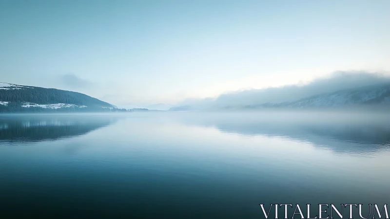 Calm misty lake with distant snow hills and forested shore.
