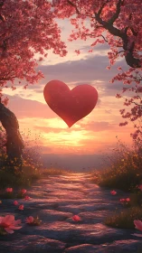 Heart-Shaped Celestial Object Above River with Cherry Blossom Canopy