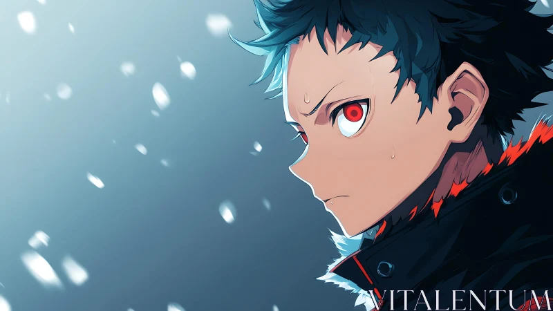 Storm-eyed anime hero braving a quiet snowfall in focus.