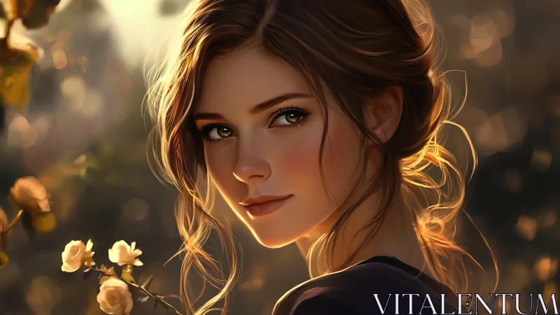 Sunlit portrait of a young woman amid soft garden blooms.